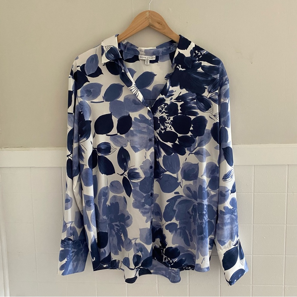 Blue and White Silky Button Down Shirt with Floral Design